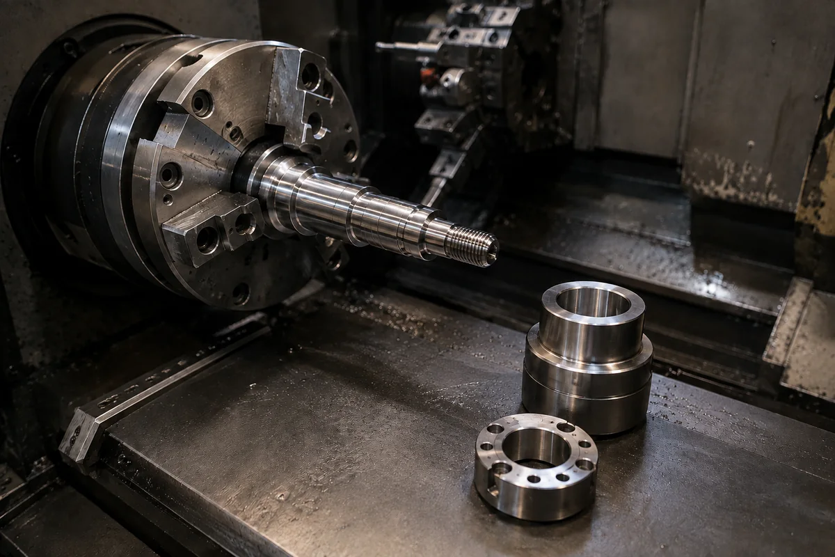 Tornio CNC con pezzo in lavorazione e particolari finiti