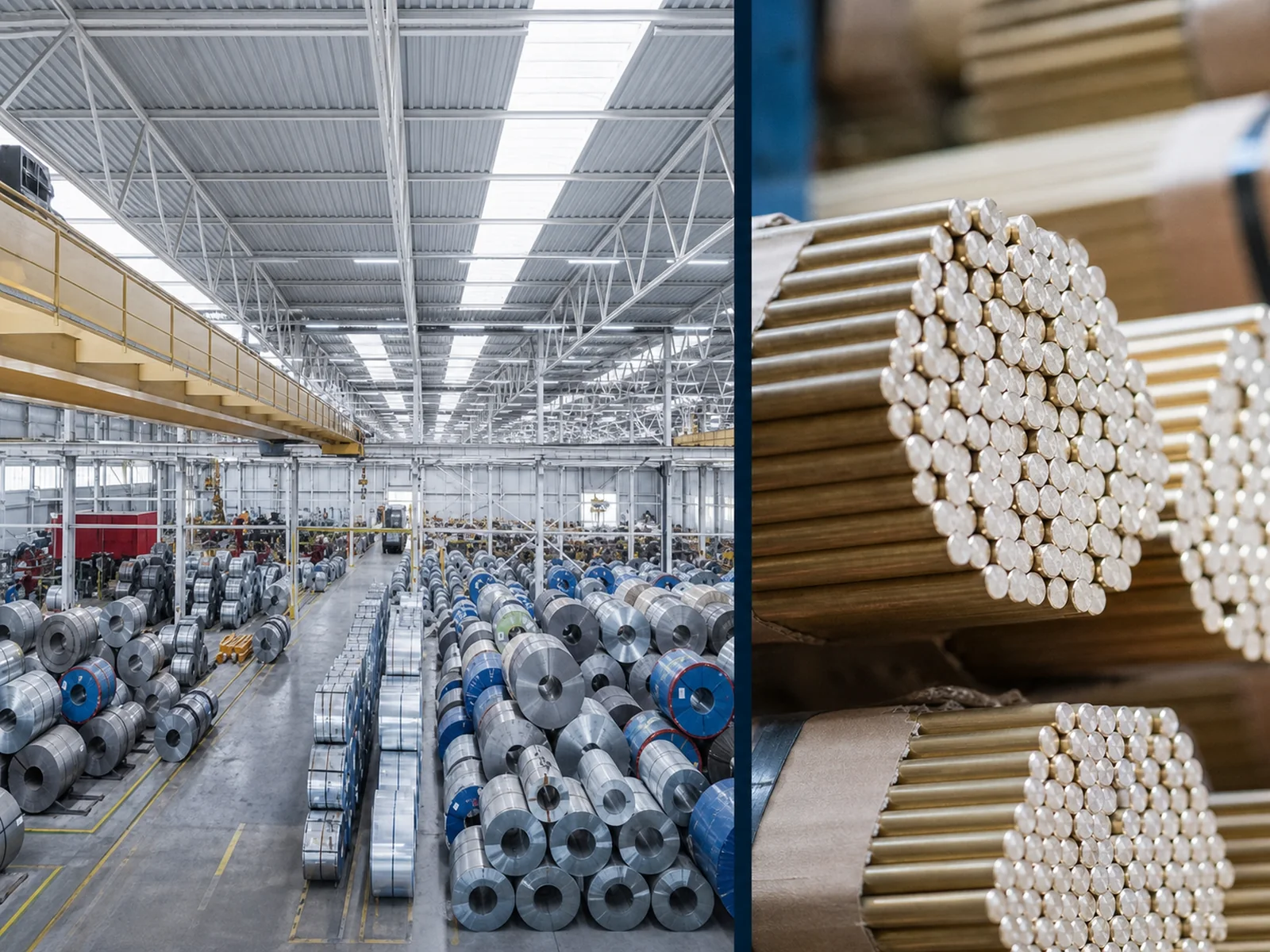 Magazzino coils con rotoli di acciaio e barre di ottone in fasci