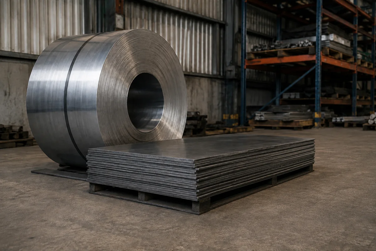 Coil di acciaio e lamiere su pallet in magazzino